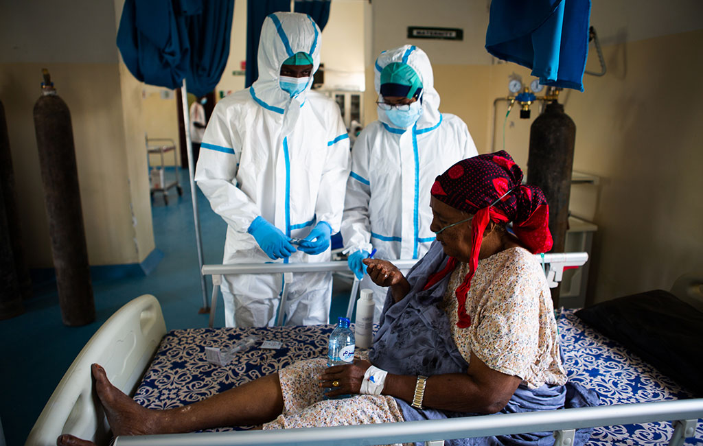 Action Against Hunger staff treat a patient at coronavirus quarantine hospital in Mogadishu, Somalia.