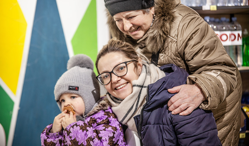 Natalia, Valentyna and Natalia's daughter at the refugee dignity centre supported by Action Against Hunger in Chisinau, Moldova.