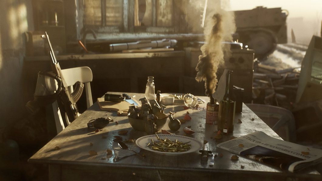 A kitchen table littered with grenades, smoke bombs, a knife and a bowl of bullets with a rifle and a gas mask on one of the kitchen chairs.