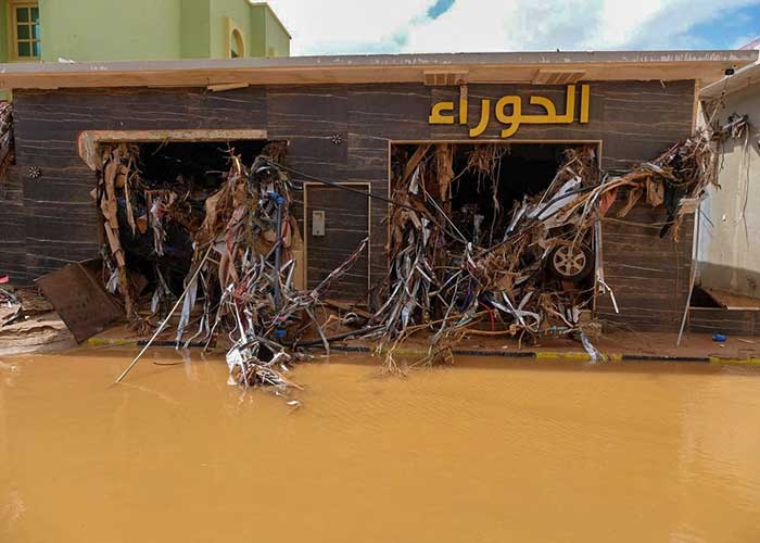 A flooded road, after a powerful storm and heavy rainfall hit Derna in Libya.