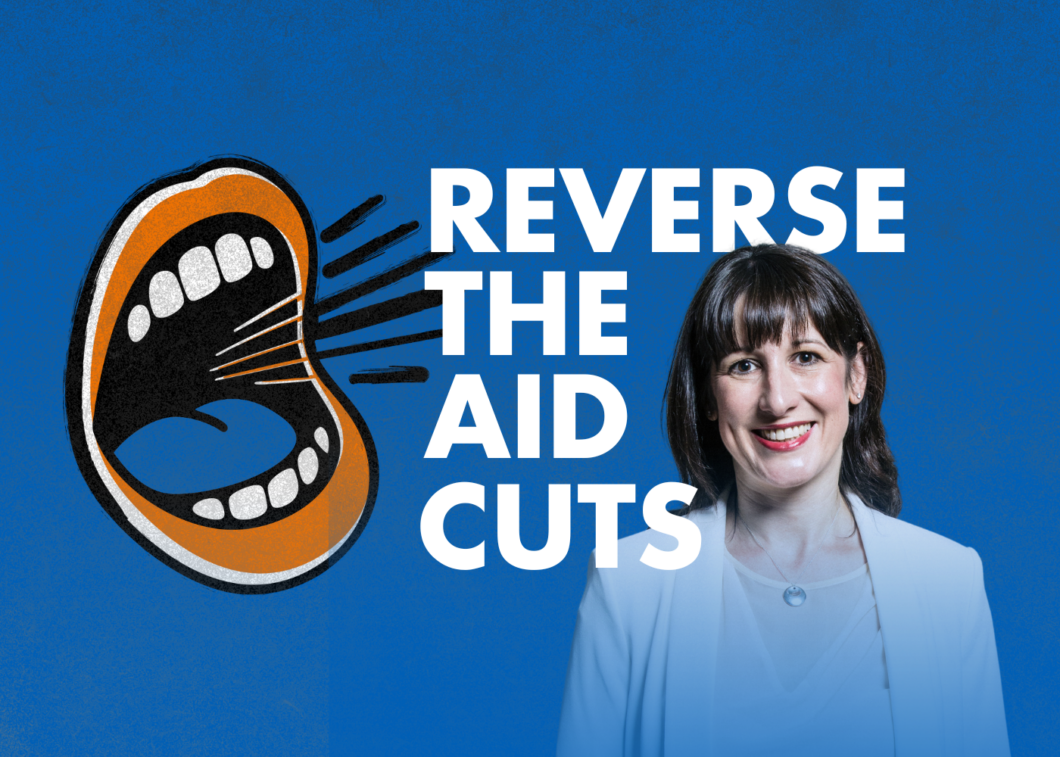 Graphic promoting Action Against Hunger's The Hunger Revolution campaign, with an image of Rachel Reeves looking at the camera and smiling.