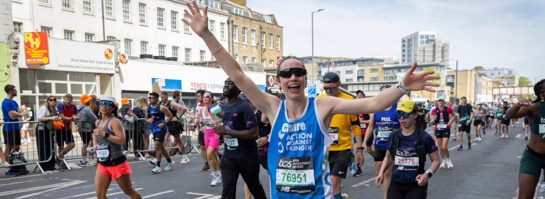 Claire running against hunger in London Marathon 2026.