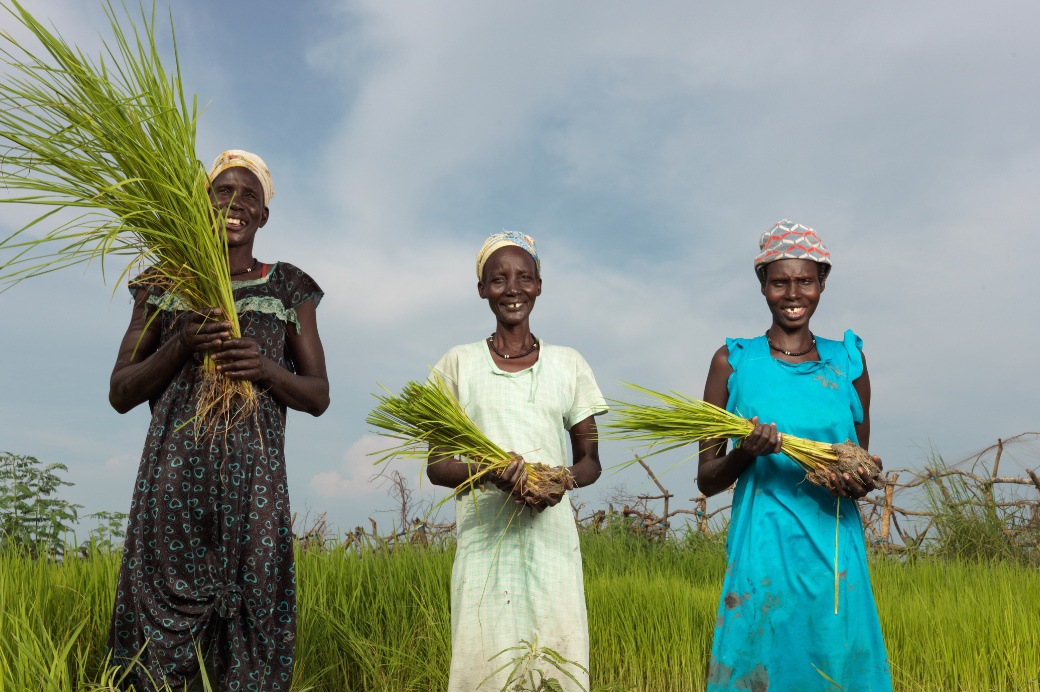 Family holding crops to plant in South Sudan.