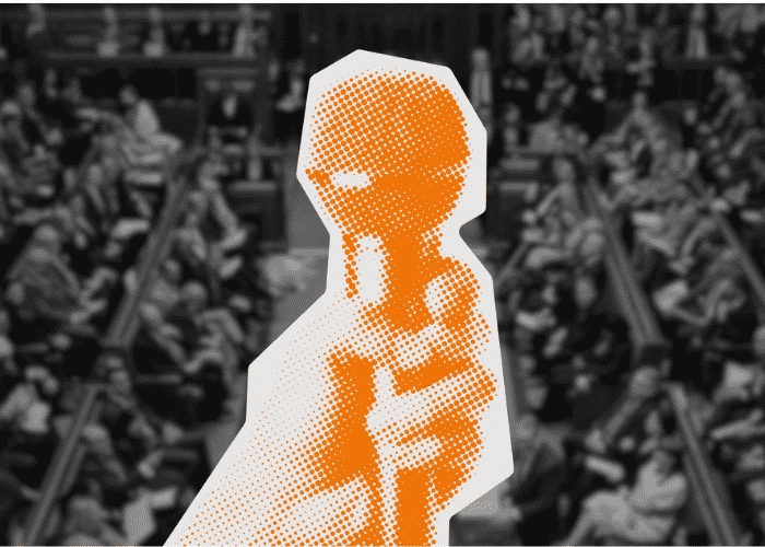 Orange glitched microphone on black and white crowd.
