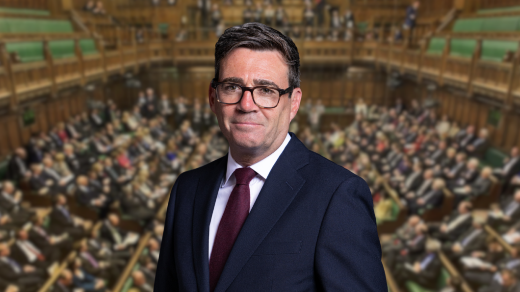 Photo of Andy Burnham superimposed over the House of Commons.